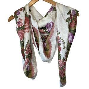 Ellen Tracy Silk Grandmacore Cottage Floral Tan Gold & Pink Square Scarf 35x34